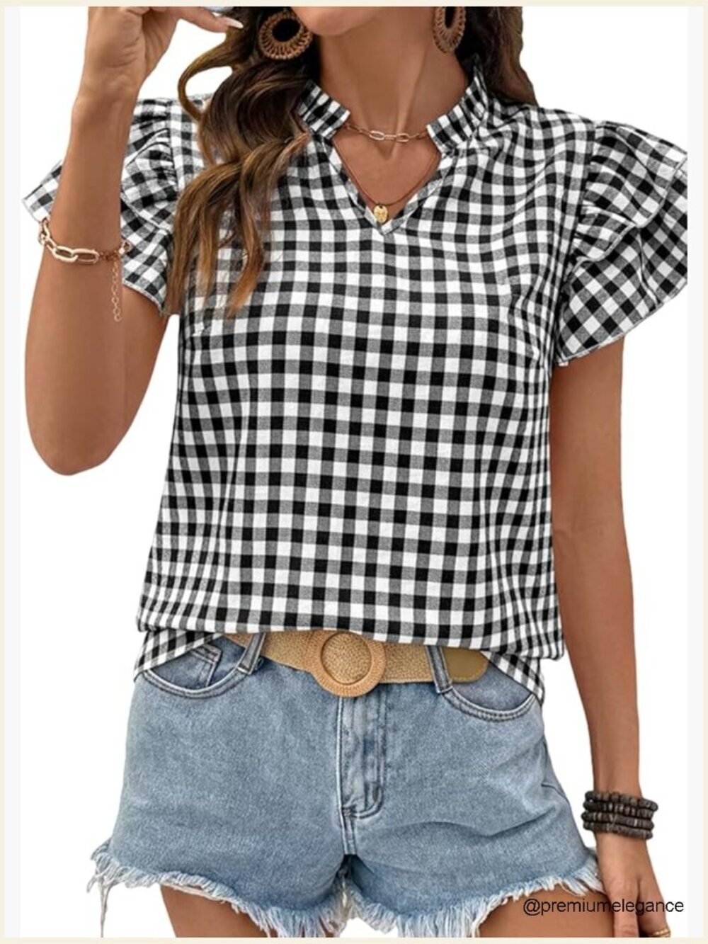 V-Neck Ruffle Short Sleeve Plaid Blouse Top